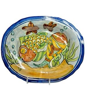 Vintage Signed 70’s Mexican Pottery Platter,  Red Clay, Hand Painted, Fish Beach